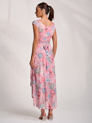Asymmetric Draped Mesh Maxi Dress, Pink Floral