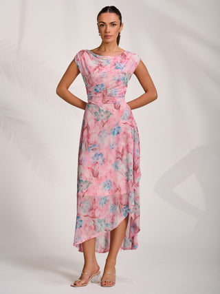 Asymmetric Draped Mesh Maxi Dress, Pink Floral