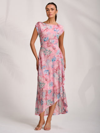 Asymmetric Draped Mesh Maxi Dress, Pink Floral