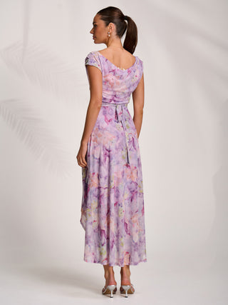 Asymmetric Draped Mesh Maxi Dress, Purple Floral