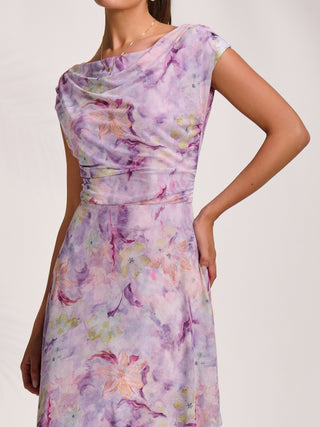 Asymmetric Draped Mesh Maxi Dress, Purple Floral