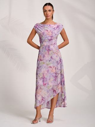 Asymmetric Draped Mesh Maxi Dress, Purple Floral