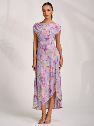Asymmetric Draped Mesh Maxi Dress, Purple Floral