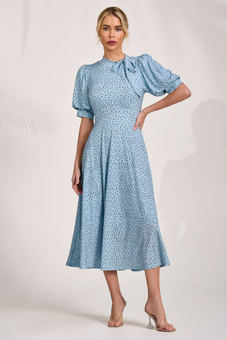 Tie Neck Puffy Sleeve Jersey Midi Dress, Blue Spot