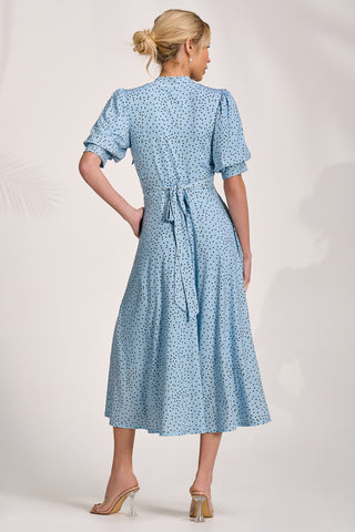 Tie Neck Puffy Sleeve Jersey Midi Dress, Blue Spot