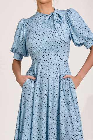 Tie Neck Puffy Sleeve Jersey Midi Dress, Blue Spot