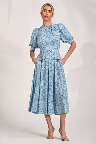 Tie Neck Puffy Sleeve Jersey Midi Dress, Blue Spot