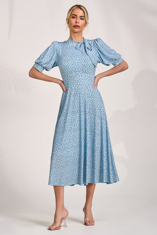 Tie Neck Puffy Sleeve Jersey Midi Dress, Blue Spot