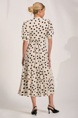 Tie Neck Puffy Sleeve Jersey Midi Dress, Cream Spot