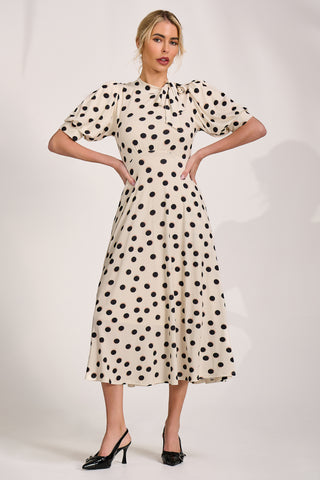 Tie Neck Puffy Sleeve Jersey Midi Dress, Cream Spot