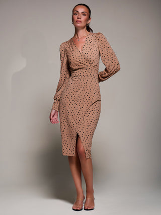 Jersey Wrap Slit Pencil Dress, Black Spot