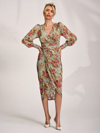 Lace Long Sleeve Ruched Bodycon Dress, Green Floral