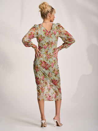 Lace Long Sleeve Ruched Bodycon Dress, Green Floral