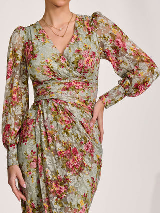 Lace Long Sleeve Ruched Bodycon Dress, Green Floral