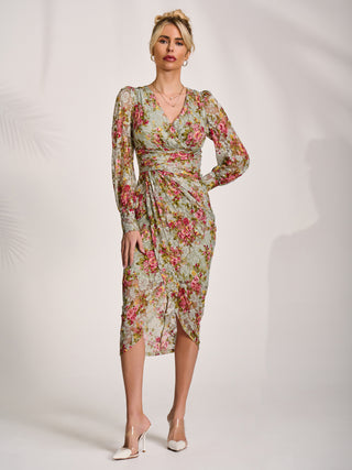 Lace Long Sleeve Ruched Bodycon Dress, Green Floral