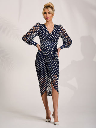 Lace Long Sleeve Ruched Bodycon Dress, Navy Polka Dot