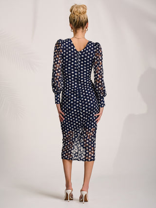 Lace Long Sleeve Ruched Bodycon Dress, Navy Polka Dot