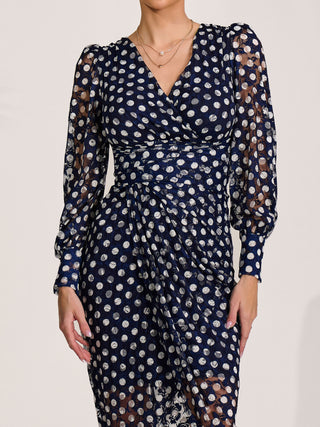 Lace Long Sleeve Ruched Bodycon Dress, Navy Polka Dot