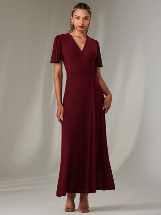 Plain Angel Sleeve Wrapped Maxi Dress, Burgundy