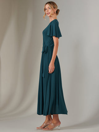 Plain Angel Sleeve Wrapped Maxi Dress, Dark Teal