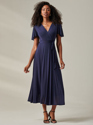 Plain Angel Sleeve Wrapped Maxi Dress, Navy