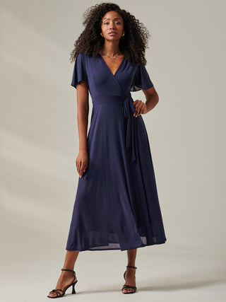 Plain Angel Sleeve Wrapped Maxi Dress, Navy