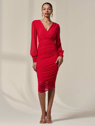 Long Sleeve Ruched Mesh Midi Dress, Red