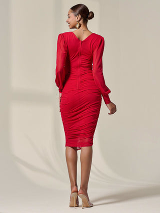 Long Sleeve Ruched Mesh Midi Dress, Red