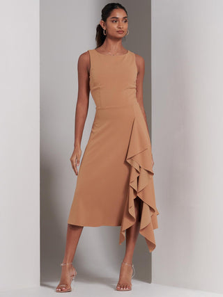 Haylen Frill Detail Midi Dress, Tan Brown