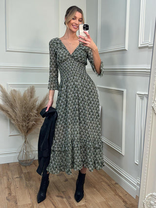 Qaiya Shirred Chiffon Maxi Dress, Green Floral