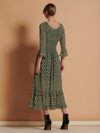 Qaiya Shirred Chiffon Maxi Dress, Green Floral