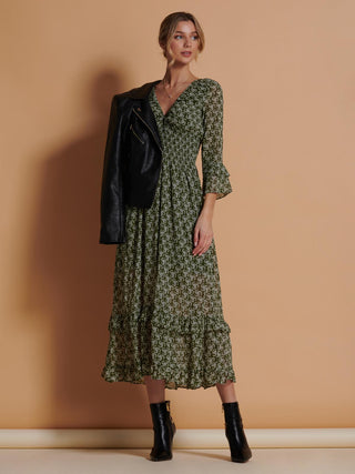 Qaiya Shirred Chiffon Maxi Dress, Green Floral