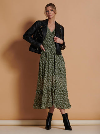 Qaiya Shirred Chiffon Maxi Dress, Green Floral