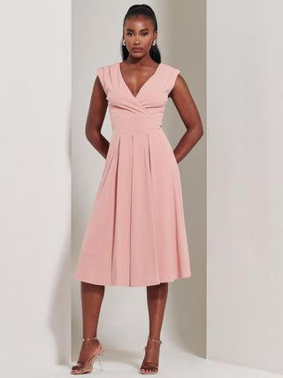 Yuina Scuba Pleated Flare Midi Dress, Pink