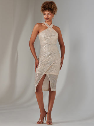 Cross Neck Slit Bodycon Dress, Beige Silver