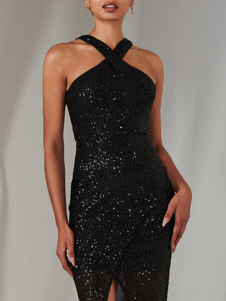 Cross Neck Slit Bodycon Dress, Black