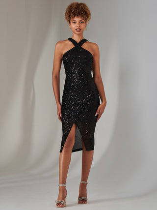 Cross Neck Slit Bodycon Dress, Black