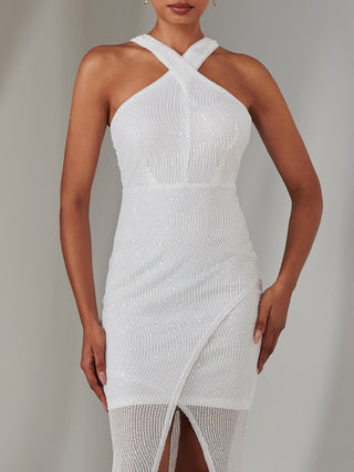 Cross Neck Slit Bodycon Dress, White