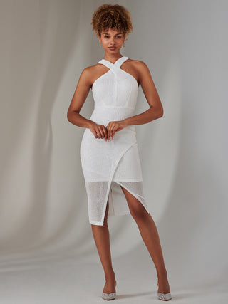 Cross Neck Slit Bodycon Dress, White
