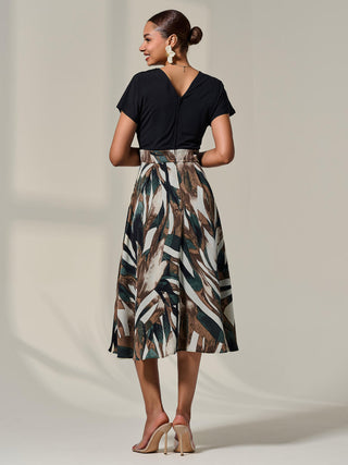 Short Sleeve Two Tone Midaxi Dress, Black Abstract
