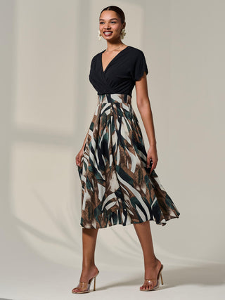 Short Sleeve Two Tone Midaxi Dress, Black Abstract