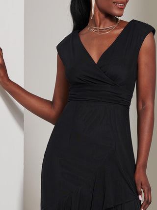Wrap Bodice Mesh Frill Maxi Dress, Black