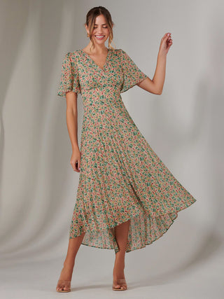 Charlotte Pleated Chiffon Midaxi Dress, Beige Multi