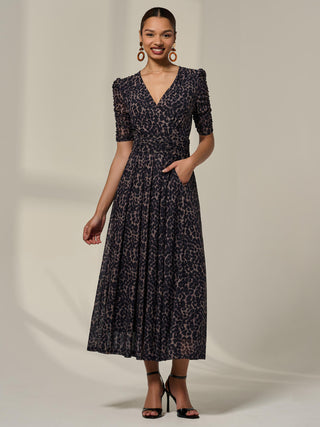 Ruched Sleeve Mesh Dress, Brown Leopard