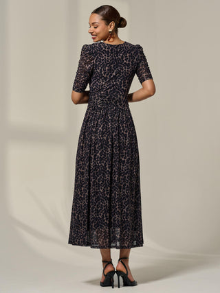 Ruched Sleeve Mesh Dress, Brown Leopard
