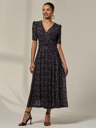 Ruched Sleeve Mesh Dress, Brown Leopard