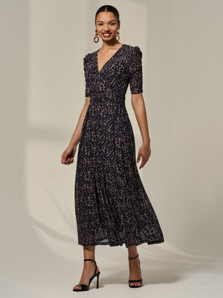 Ruched Sleeve Mesh Dress, Brown Leopard