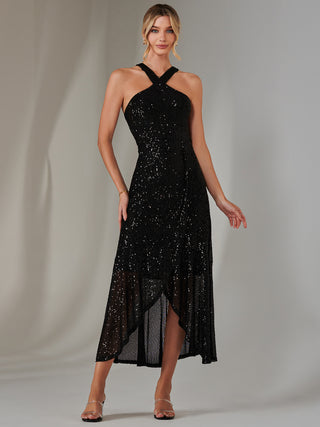 Cross Neck Frill Hem Maxi Dress, Black
