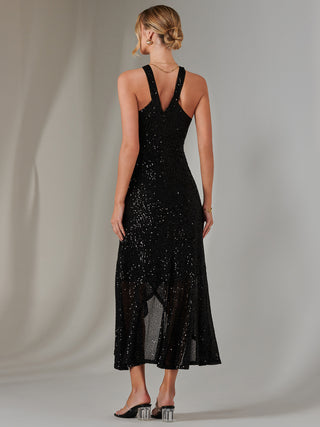 Cross Neck Frill Hem Maxi Dress, Black