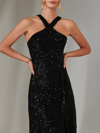 Cross Neck Frill Hem Maxi Dress, Black